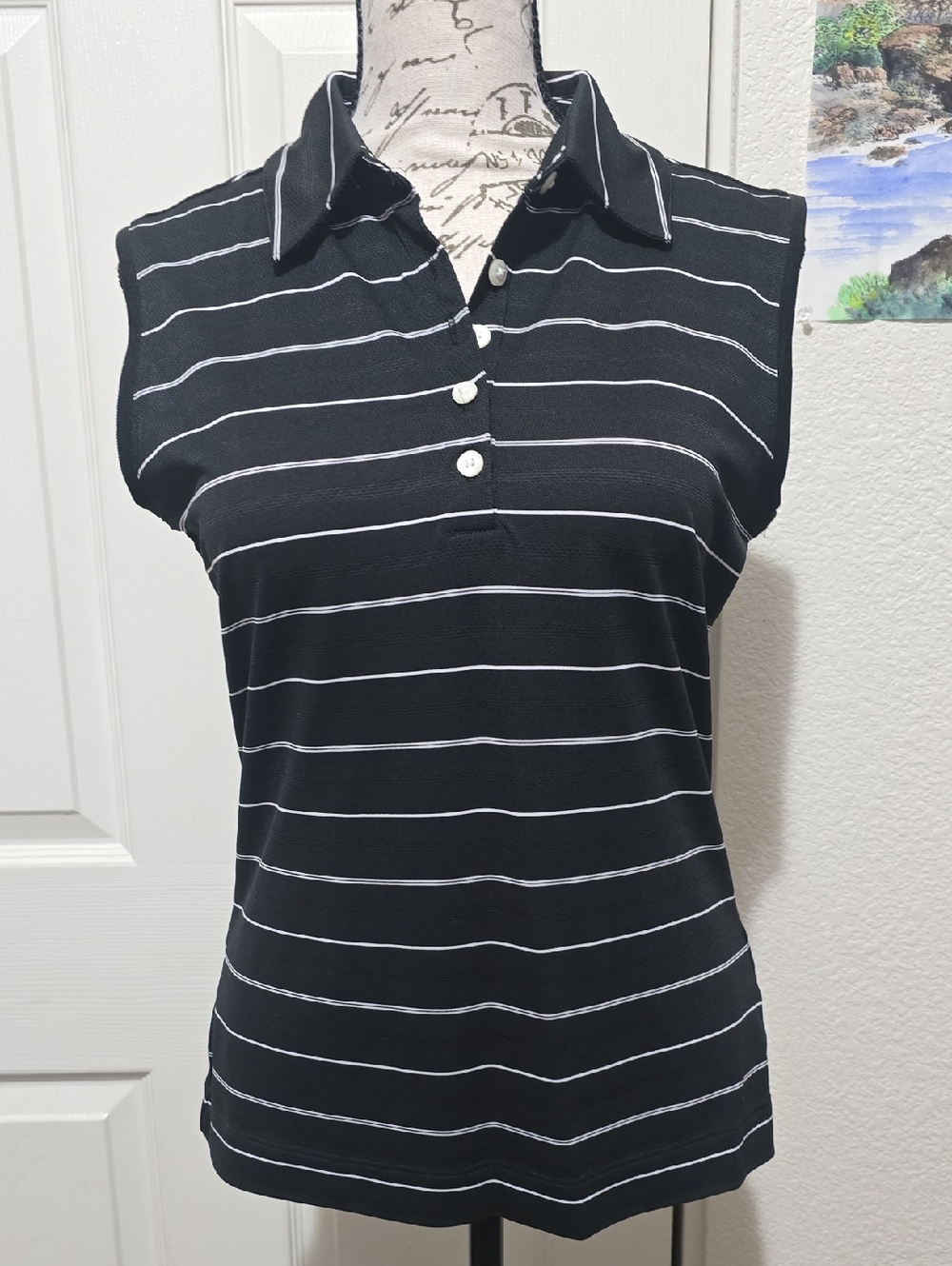 Nike Womens Black White Striped Dri-FIT Sleeveless Golf Polo Small